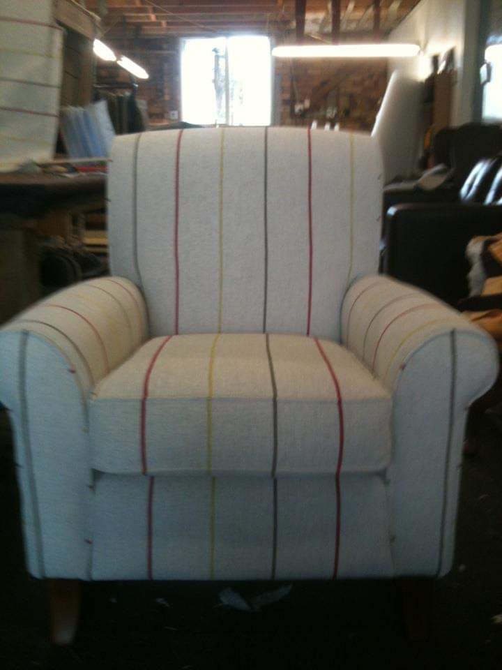 Dining chair with striped reupholstery